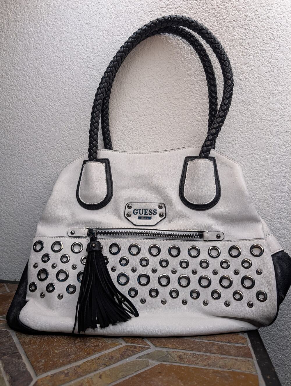 Guess White Studded Moto Slouch Bag Grommet Tassel Edgy Grunge Edgy Festival